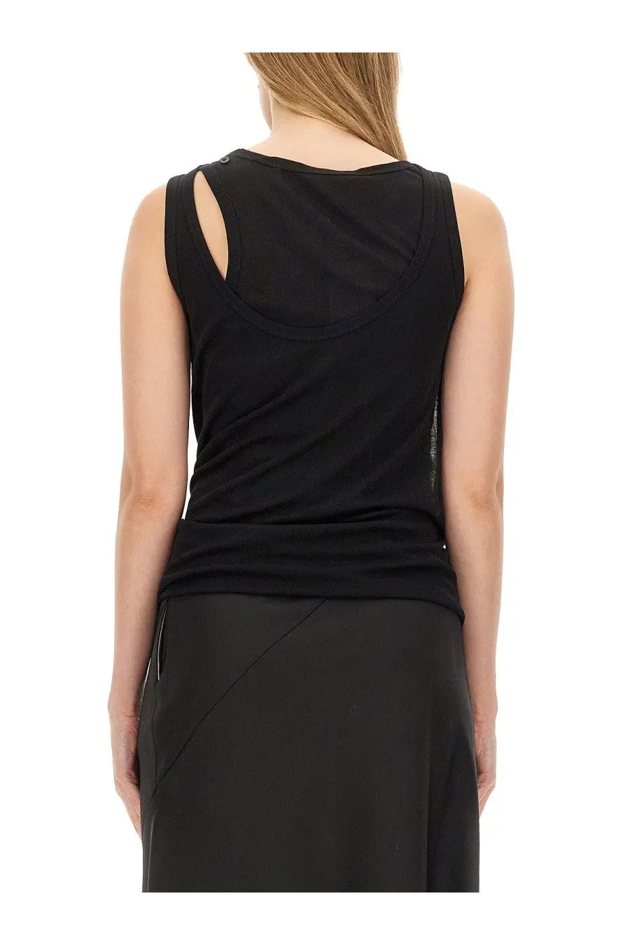 Helmut Lang women’s convertible camisole dress black with sleeveless cut-out shoulders and draped fitted silhouette