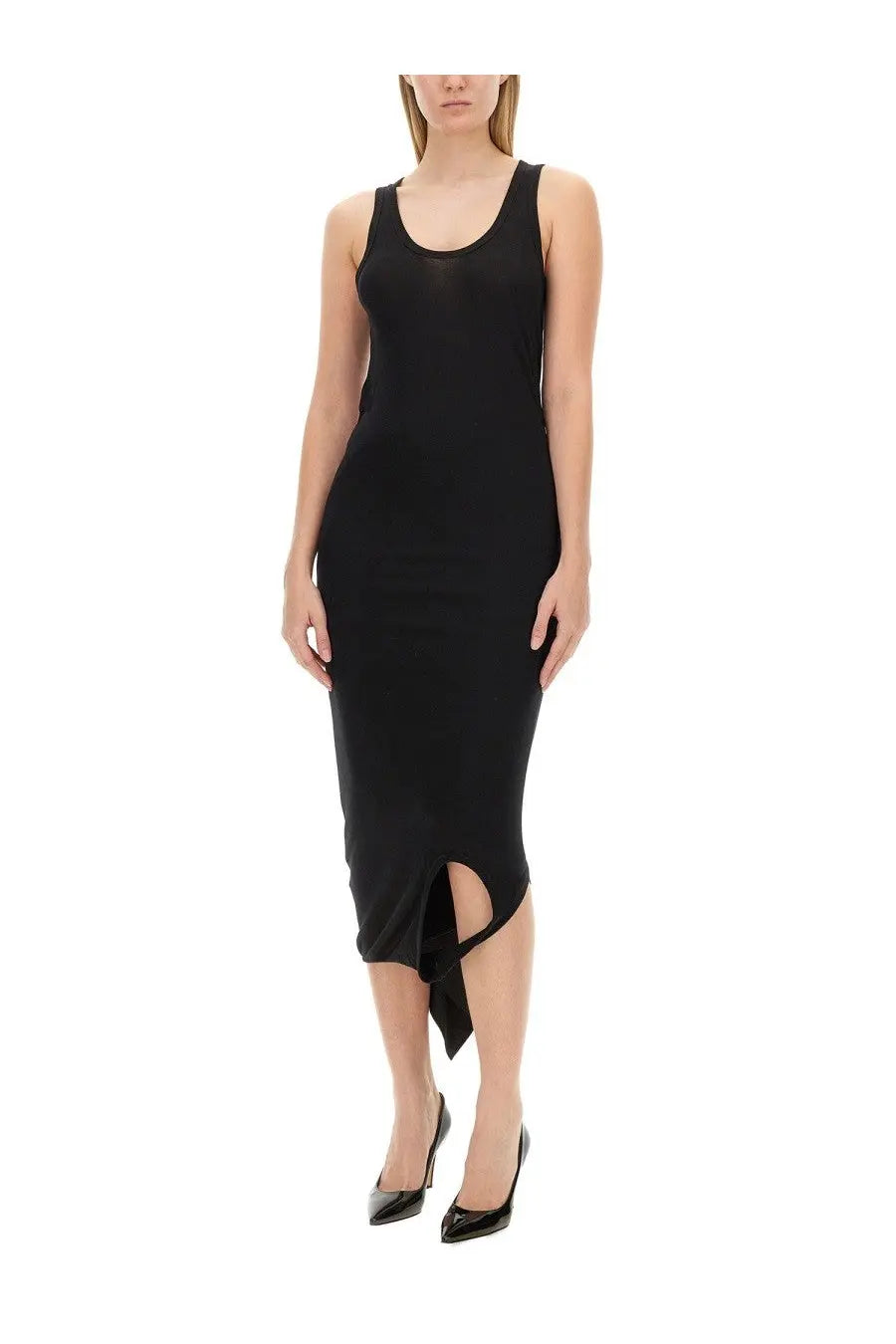Helmut lang women’s black sleeveless midi dress with high waisted fit and asymmetrical side slit