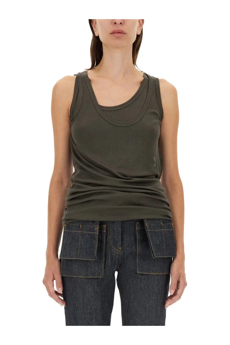 Olive green sleeveless tank top with relaxed fit and subtle ruching at neckline in helmut lang womens camisole dress