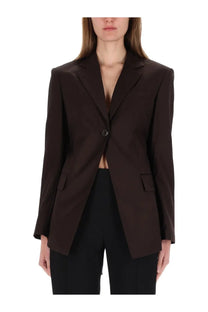 Helmut Lang women’s cutaway blazer in dark brown with single button closure and structured shoulders
