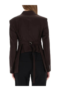 Helmut Lang women’s brown structured blazer with belted waist and tailored fit in dark brown wool blend material