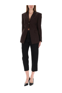 Helmut Lang women’s structured dark brown blazer with single button closure and flap pockets in wool blend material