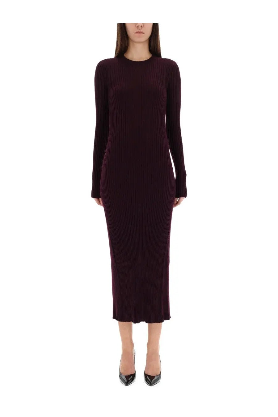Helmut lang women’s dress purple long-sleeved ribbed knit midi dress in deep burgundy front view
