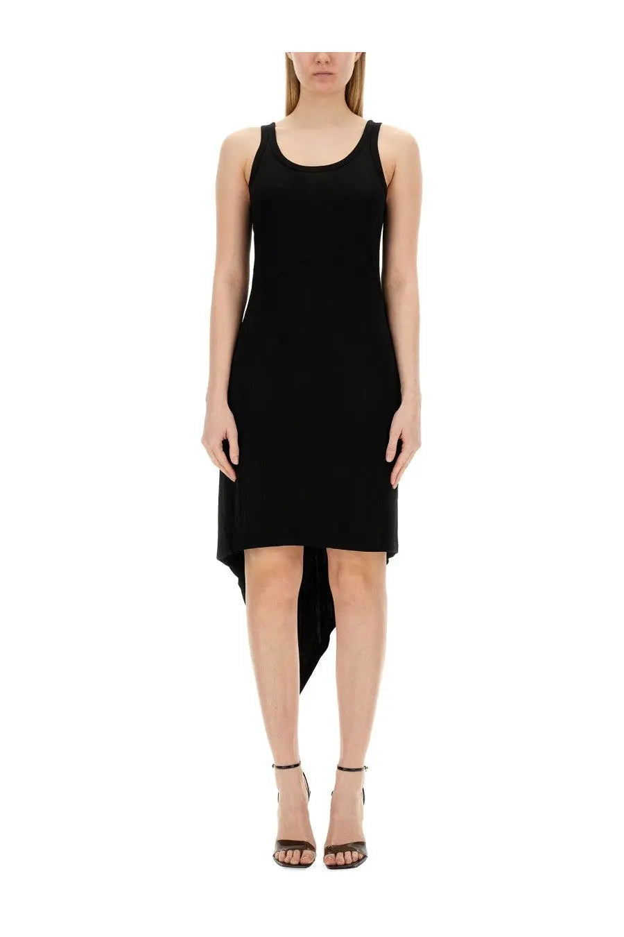 Helmut Lang women’s black jersey sleeveless camisole dress with a simple form-fitting high-low silhouette