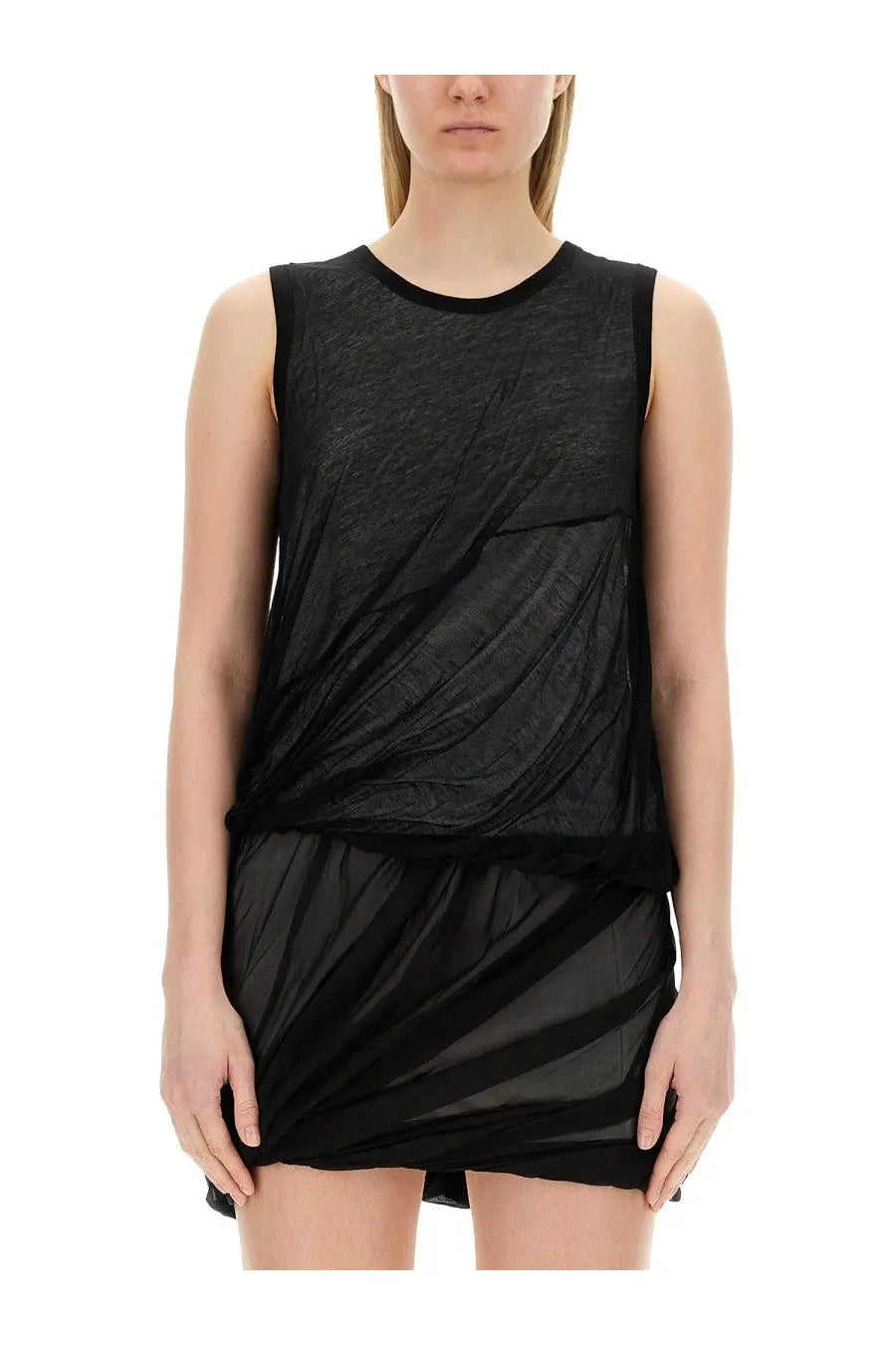 Helmut Lang womens black sleeveless jersey tank top with sheer draped design