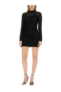 Helmut Lang women’s black mini dress with long sleeves, high neckline, and sheer mesh panels front view