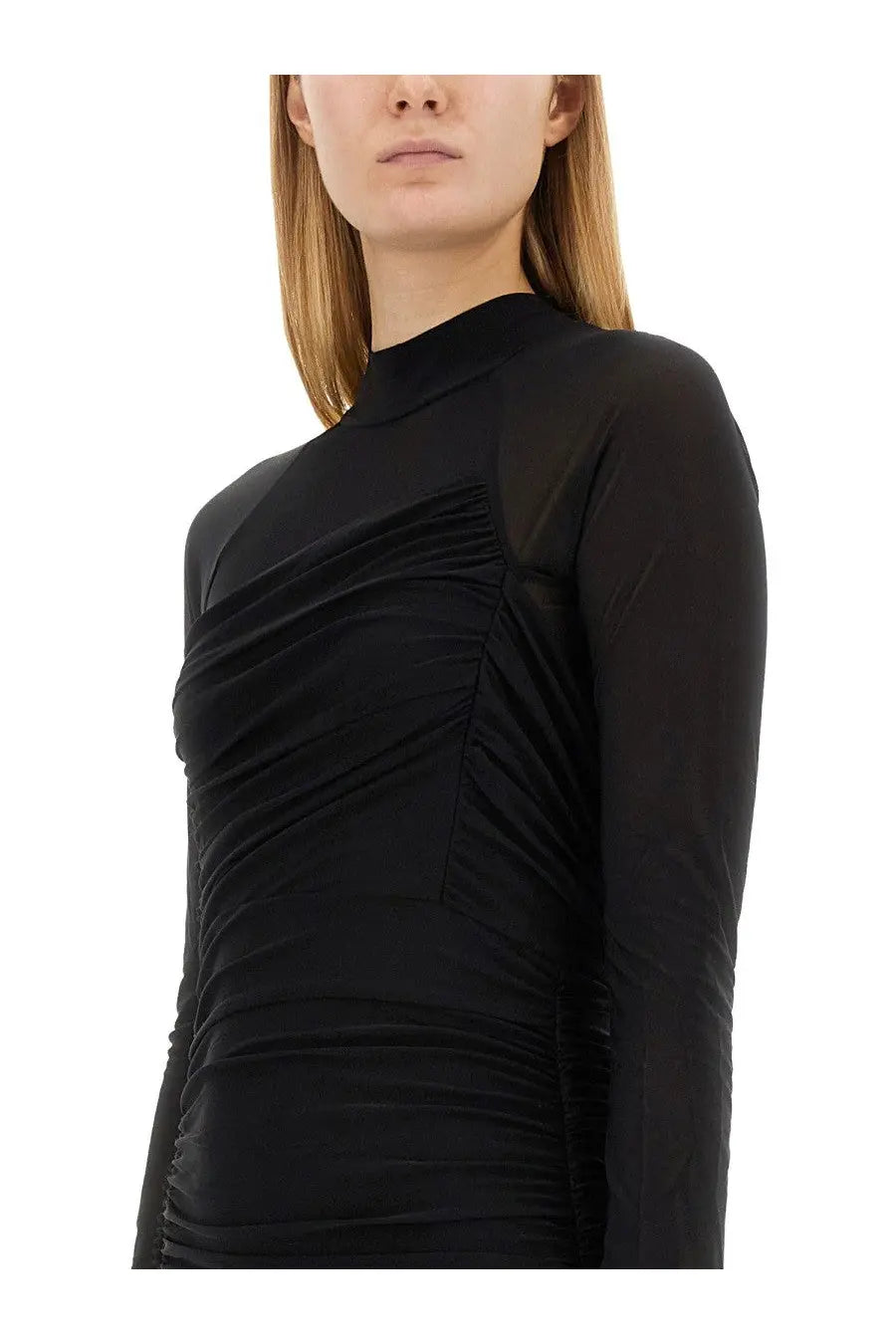 Helmut Lang women’s black mini dress with long sleeves high neckline and ruched bodice detailing