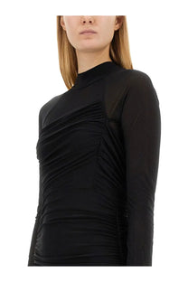Helmut Lang women’s black mini dress with long sleeves high neckline and ruched bodice detailing