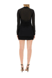 Helmut Lang women’s black mini dress with long sleeves sheer mesh panels and ruched detailing front view