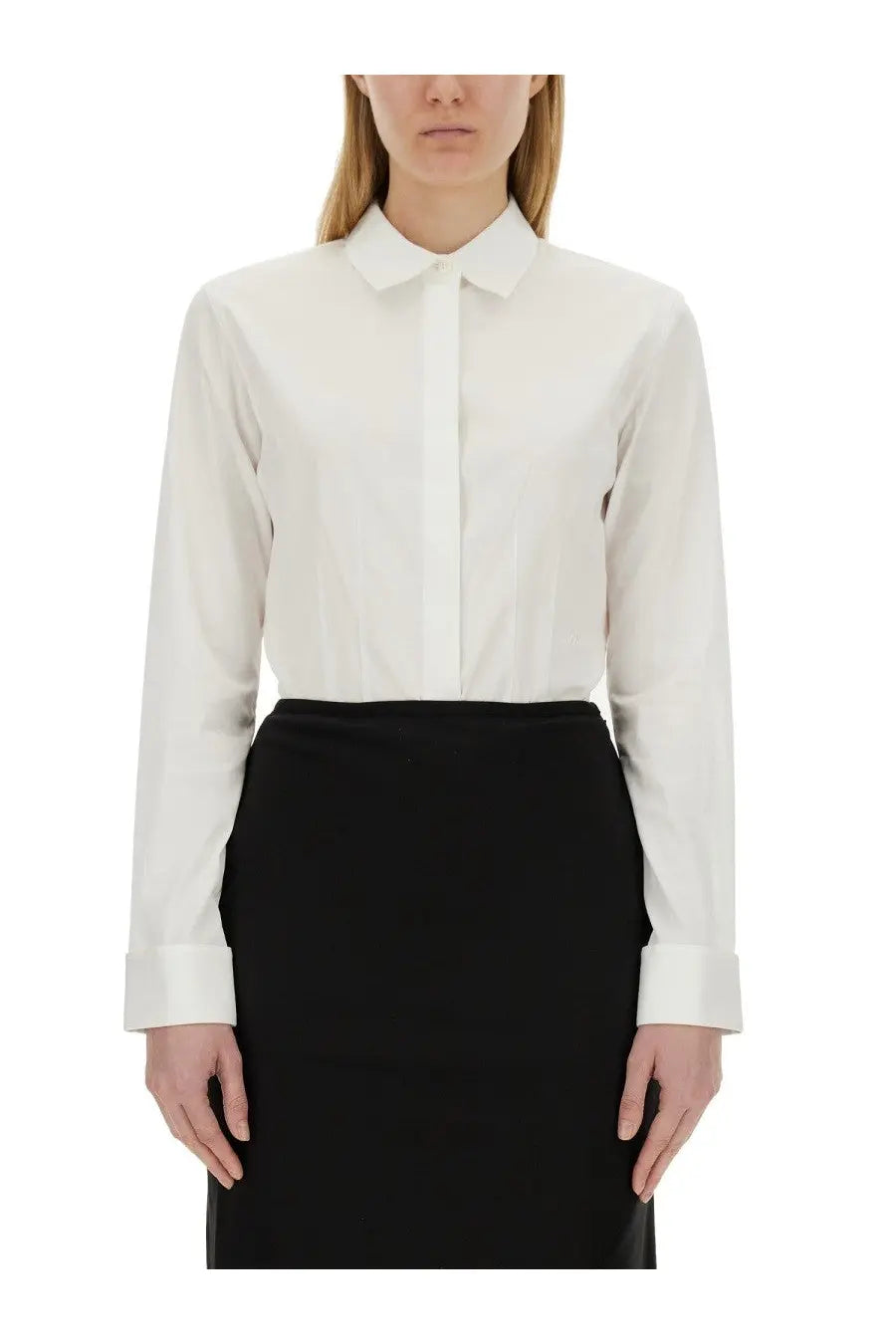 Helmut Lang women’s poplin fitted white button-down blouse with crisp collar long sleeves smooth cotton fabric