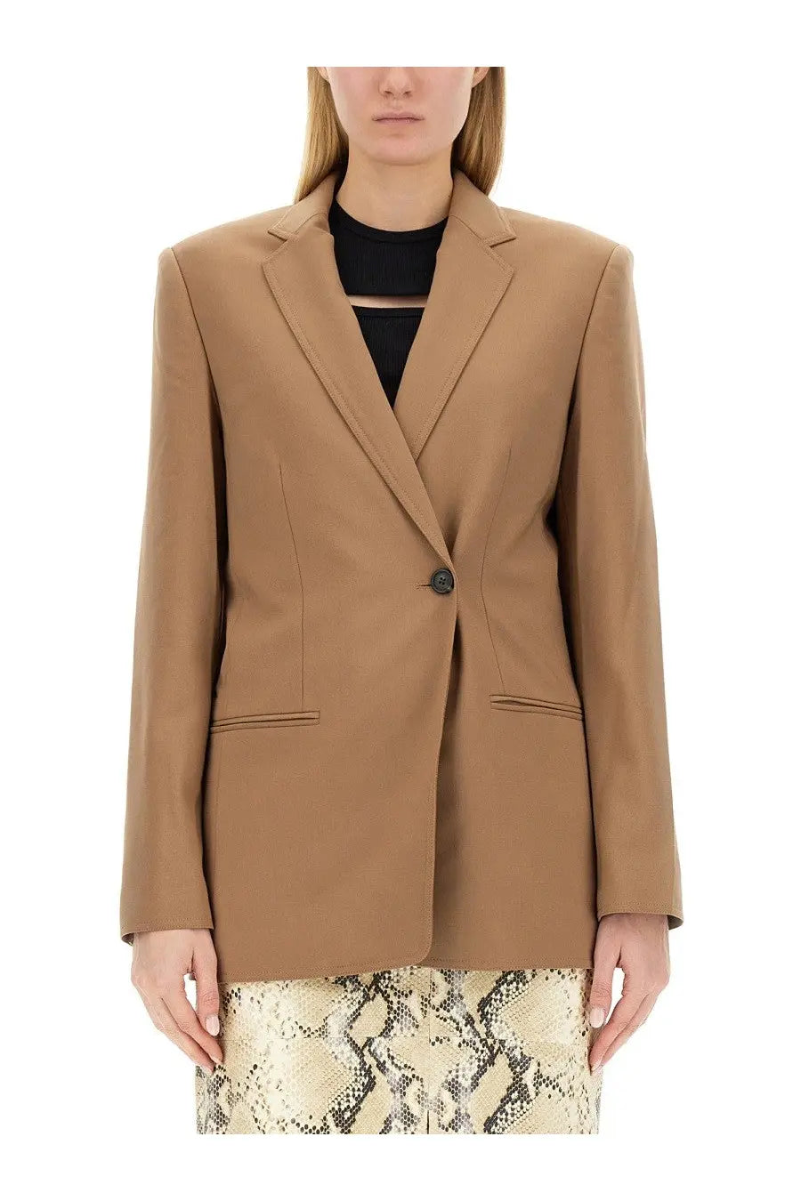 Helmut Lang women’s beige single double breasted blazer with structured shoulders and a single black button