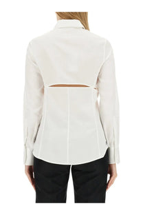 Helmut Lang women’s slim fit white blouse with a horizontal waist cutout and structured seams in crisp fabric