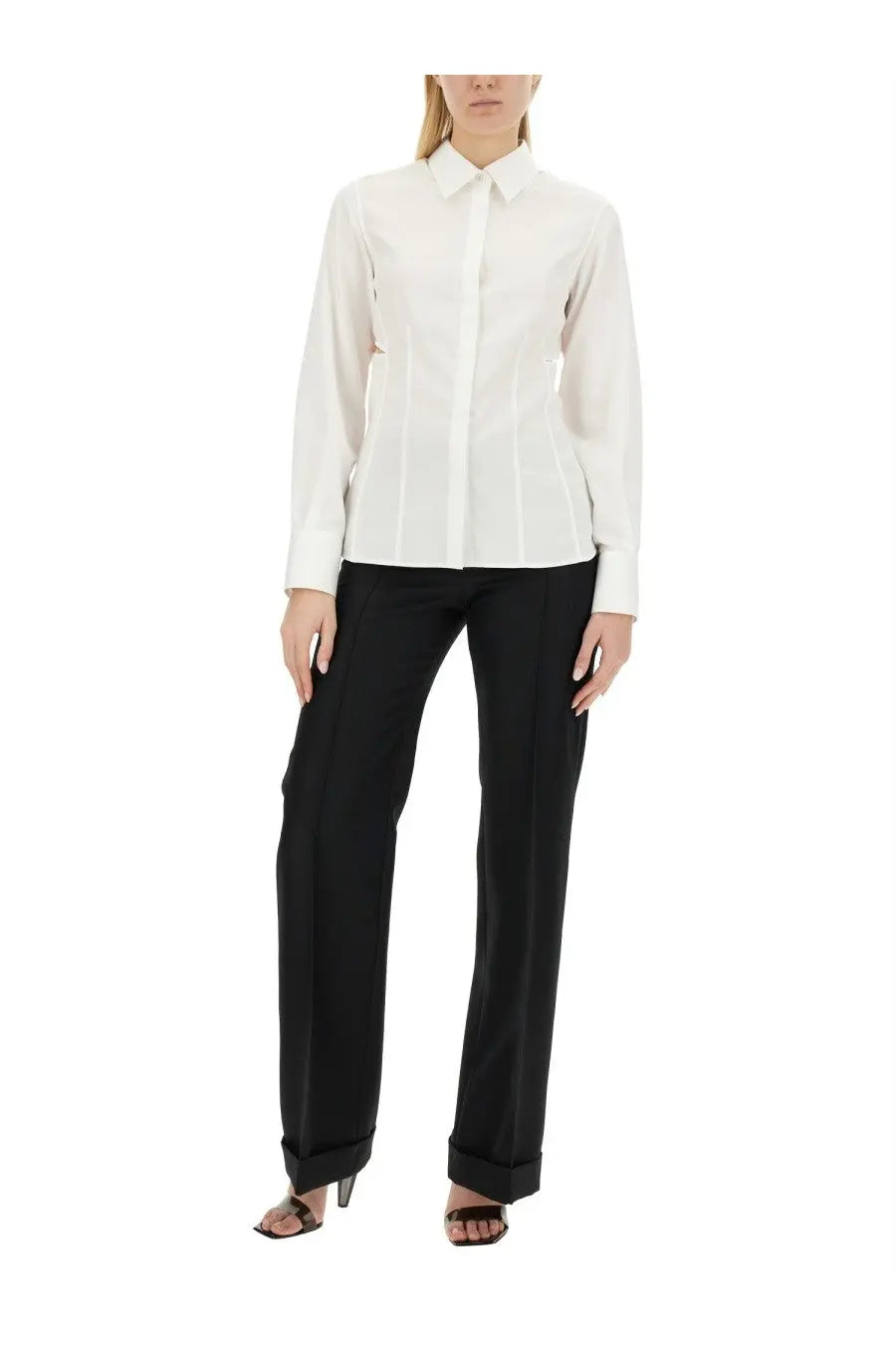 Helmut lang women’s slim fit shirt white featuring a crisp white long-sleeved button-down with classic collar and vertical pleats
