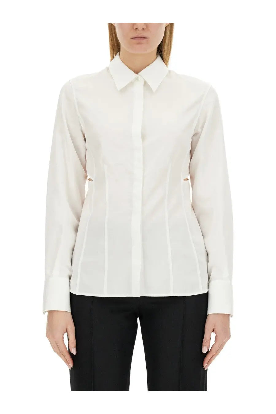 Helmut Lang women’s slim fit white long-sleeved button-down shirt with tailored fit and subtle vertical pleats
