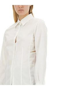 Helmut Lang women’s slim fit white blouse with classic collar and subtle side cut-out details in sleek fabric