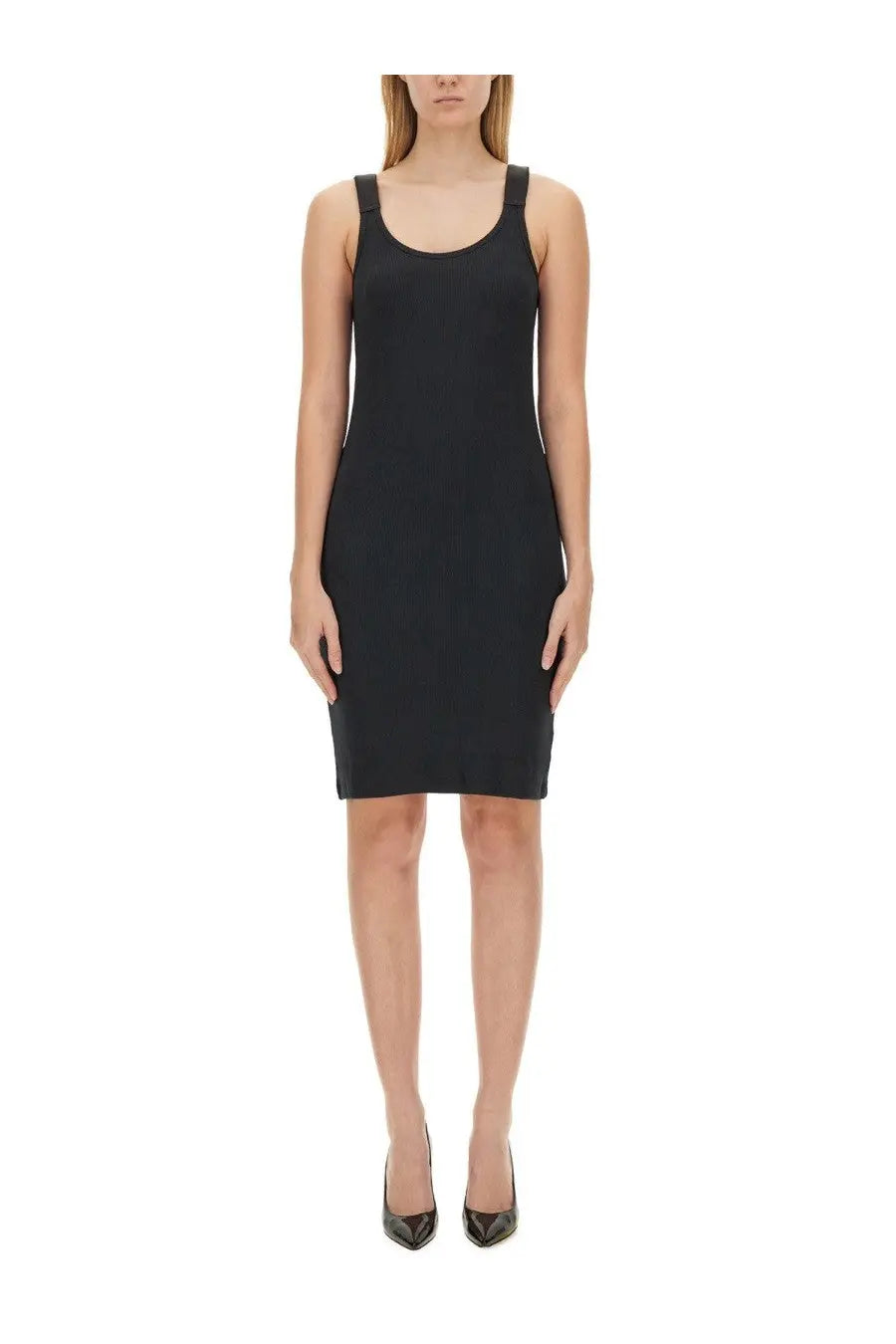 Helmut Lang women’s black sleeveless bodycon tank dress with rounded neckline and thin shoulder straps