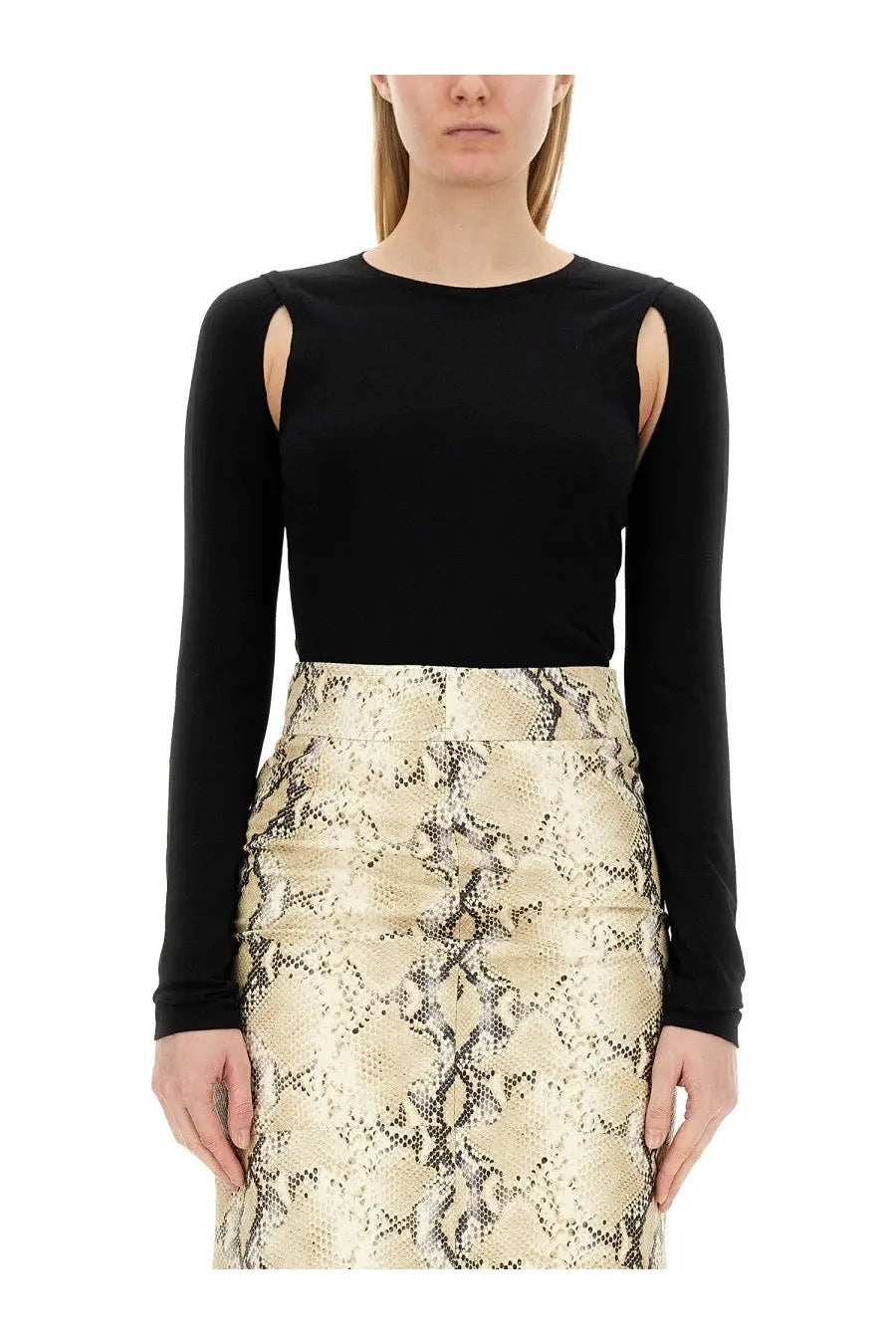 Helmut Lang women’s black long-sleeved top with cutout shoulder details made from soft fabric for stylish wear