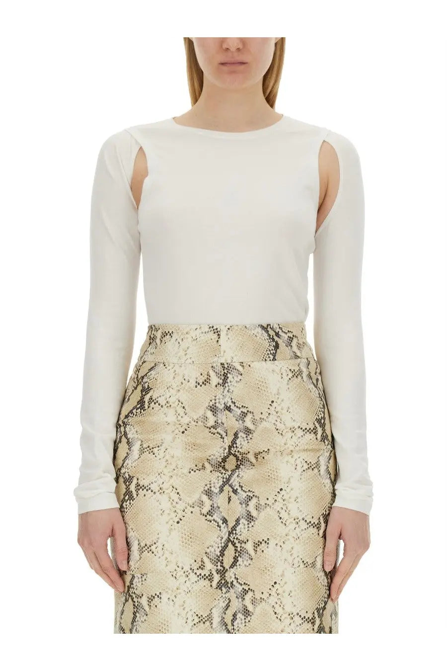 Helmut Lang women’s top cut out white paired with a cream-colored high waist snake-print pencil skirt with fitted silhouette