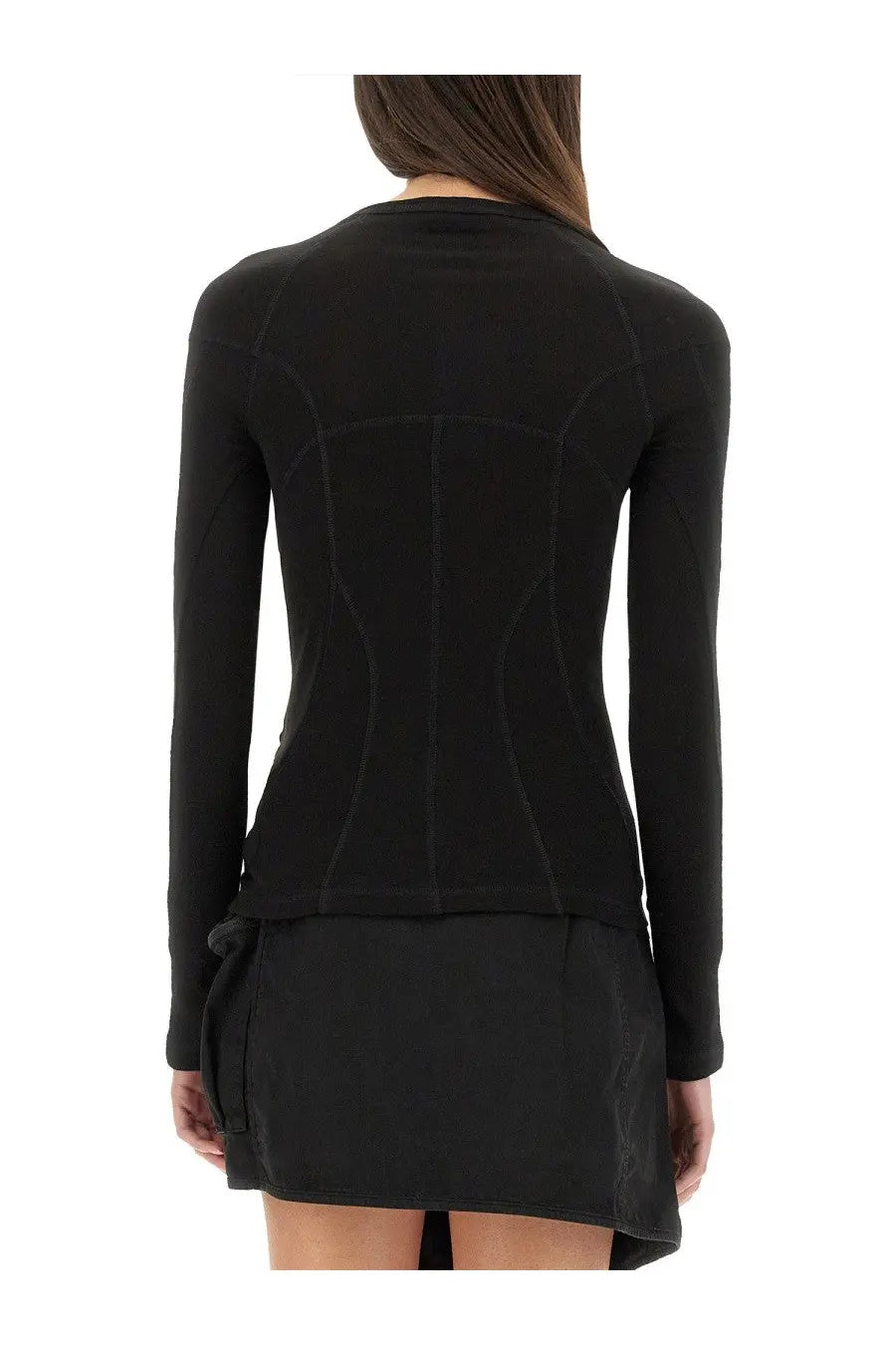 Helmut Lang women’s black fitted long-sleeve top with subtle seam detailing and tied waistband in sport style