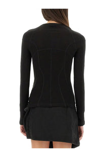 Helmut Lang women’s black fitted long-sleeve top with subtle seam detailing and tied waistband in sport style