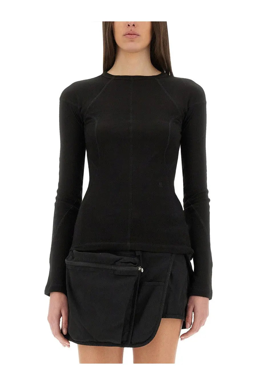 Helmut Lang women’s black long-sleeved fitted top with subtle seams and matching asymmetrical mini skirt with zippers