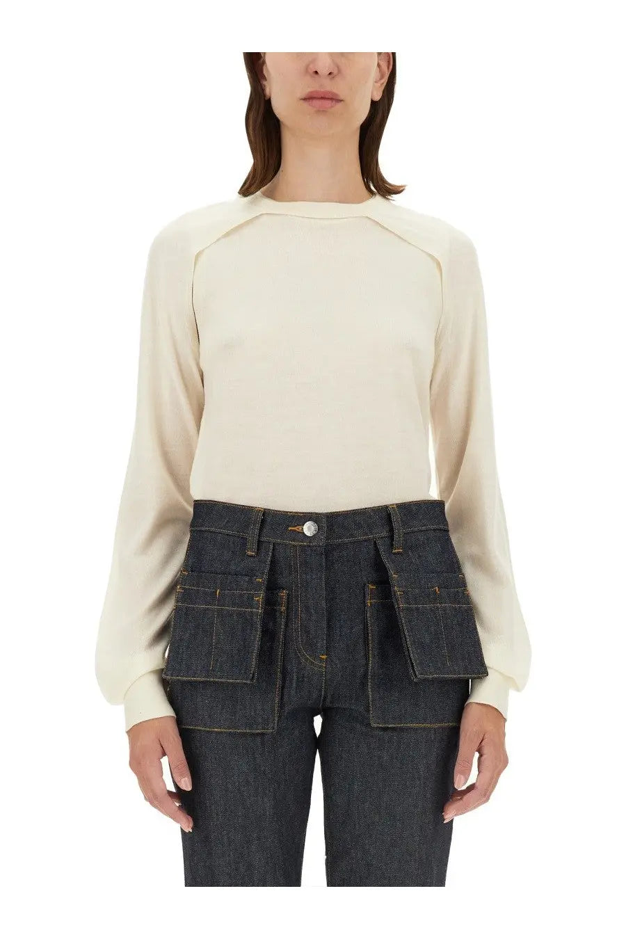 Helmut Lang women’s cream-colored wool jersey top with long sleeves raglan design and subtle seam detailing