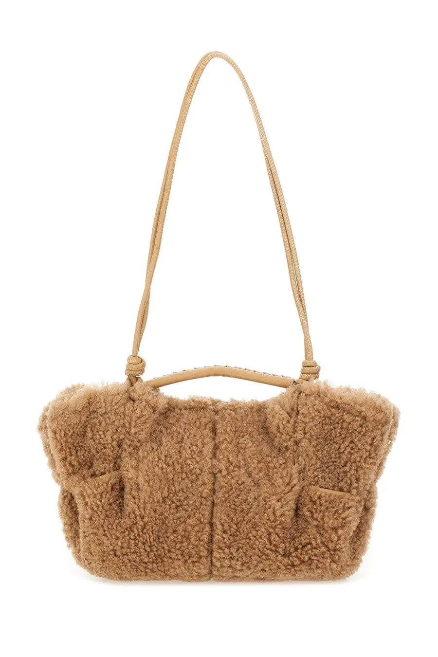Hereu women’s arta curly mini bag beige tan shearling shoulder bag with matching leather handle and strap