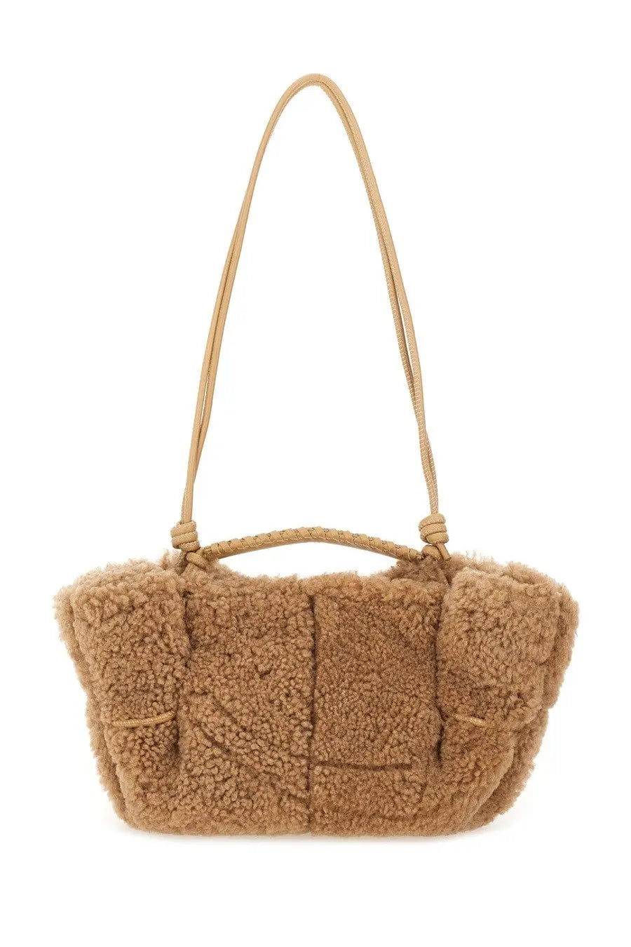 Hereu women’s arta curly mini bag beige tan shearling shoulder bag with structured quilted design and leather strap