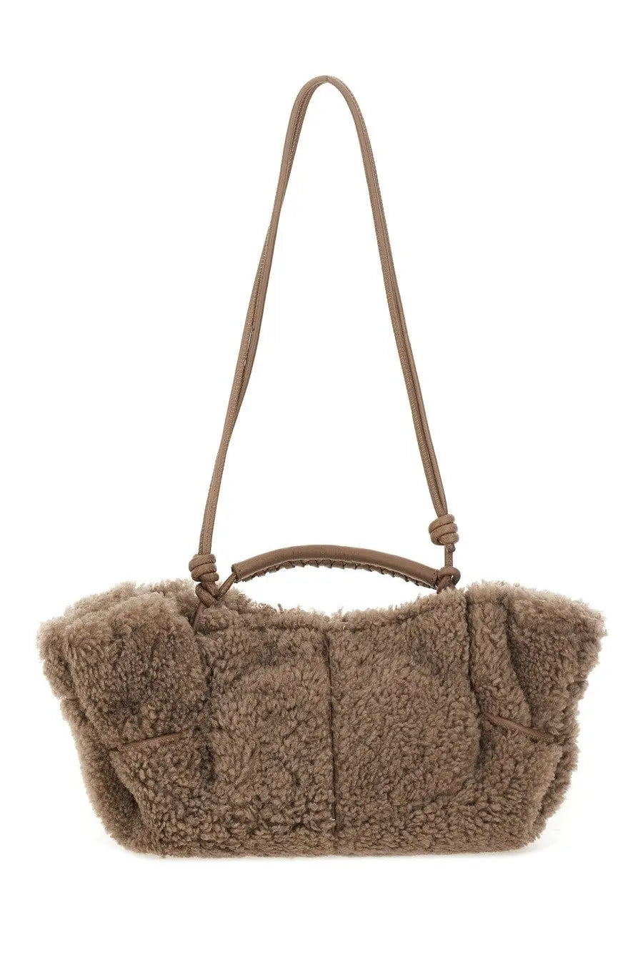 Hereu women’s arta curly mini bag grey with cozy taupe shearling, matching strap, and ruched structured body