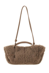 Hereu women’s arta curly mini taupe shearling handbag with braided leather handle and shoulder strap