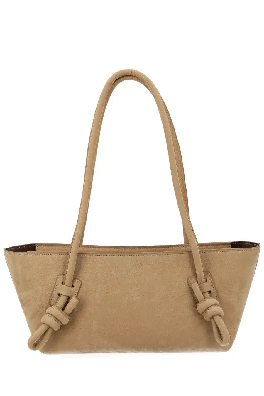 Hereu women’s beige suede tote bag with distinctive knotted leather handles and matching hardware