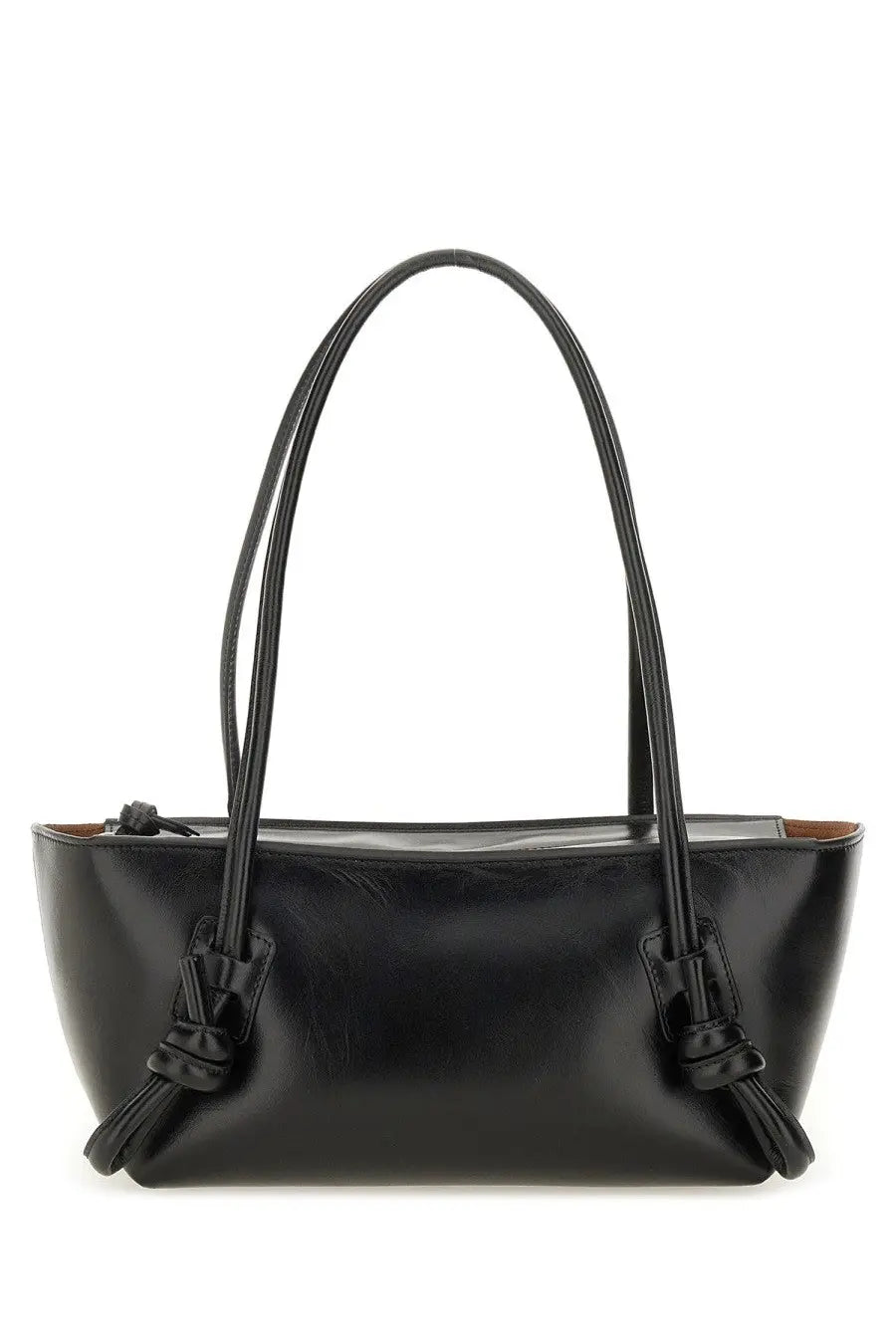 Hereu women’s bag fleca black leather tote with sleek glossy finish and distinctive knotted tassel handles