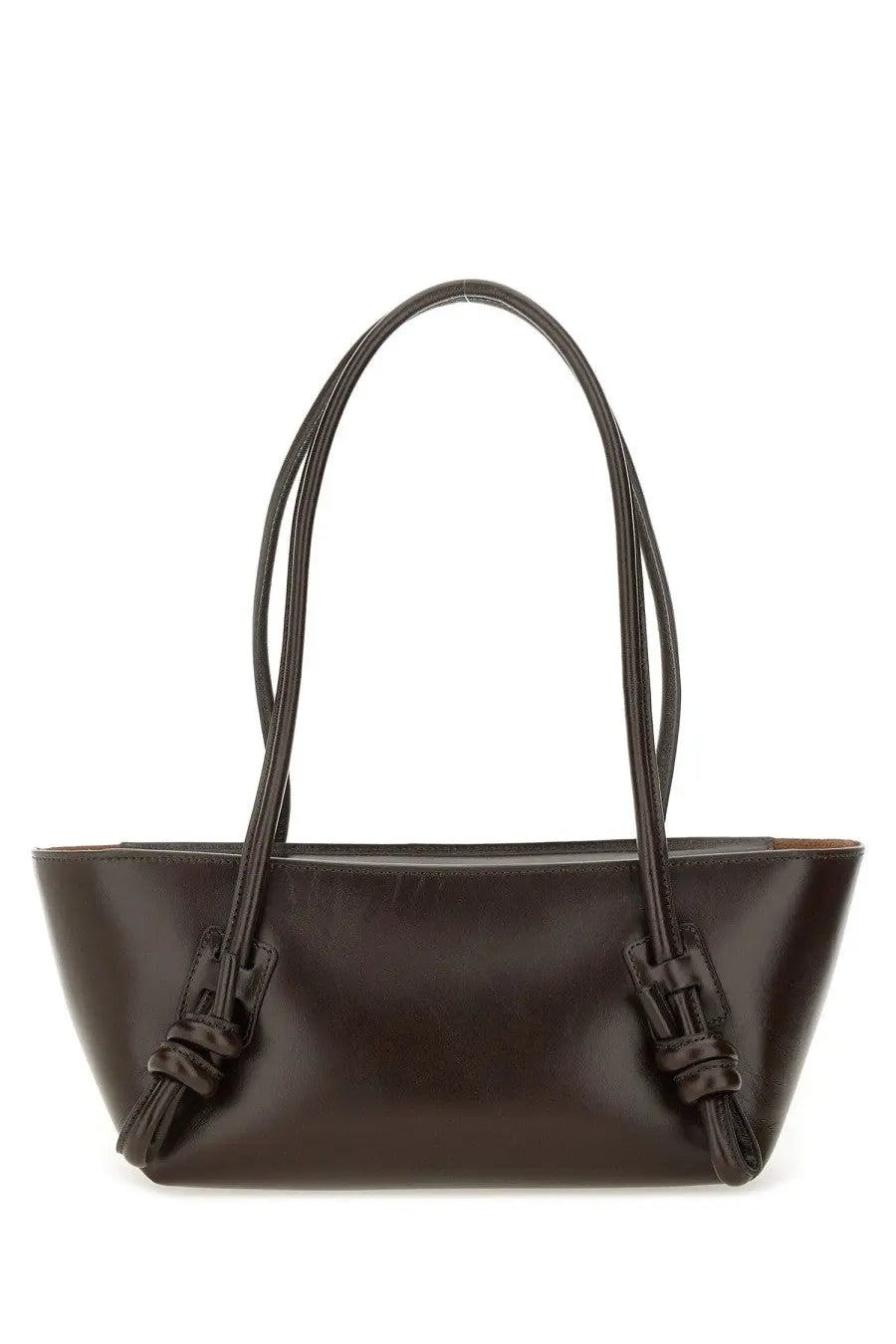 Hereu womens dark brown leather tote bag with braided handles and decorative knots for stylish everyday use