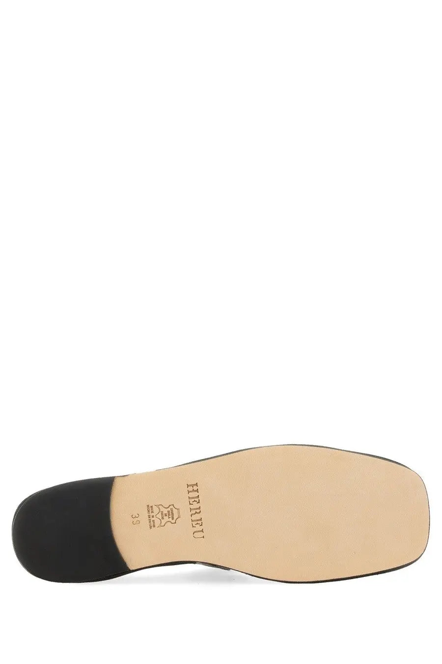 Hereu womens ballerina in pelle black showing black rubber heel and tan leather sole from the back side