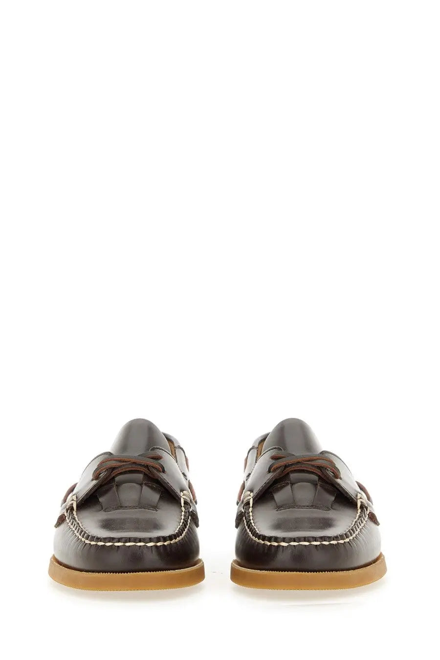 Hereu women’s boat moccasin brown dark brown leather loafers with tan rubber soles and white stitching