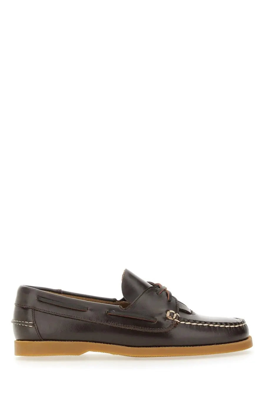 Hereu women’s boat moccasin brown dark brown leather boat shoe with tan rubber sole and white contrasting stitching