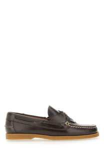 Hereu women’s boat moccasin brown dark brown leather boat shoe with tan rubber sole and white contrasting stitching