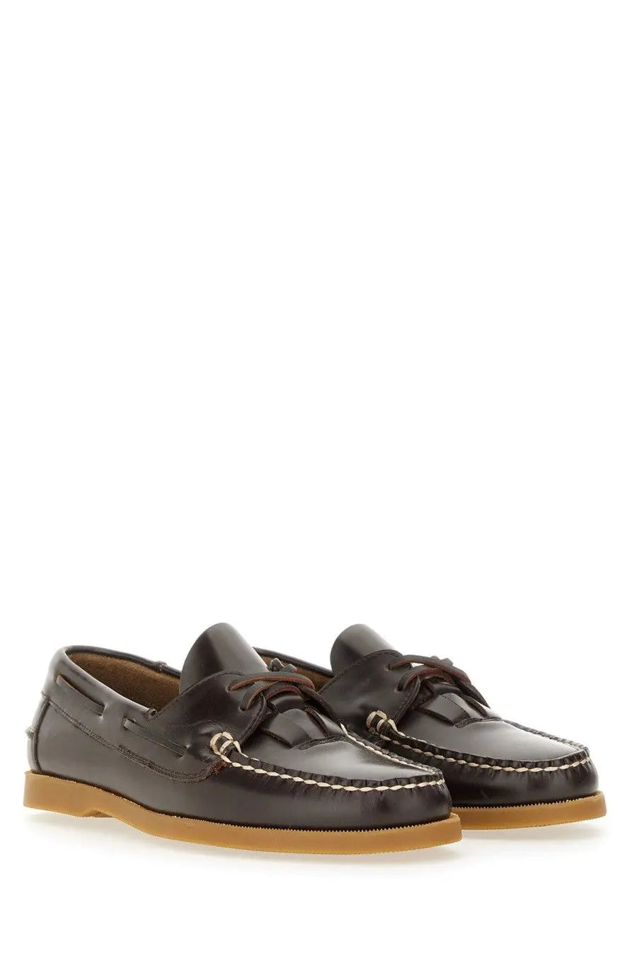 Hereu womens boat moccasin brown with dark brown leather upper tan rubber soles and white contrasting stitching