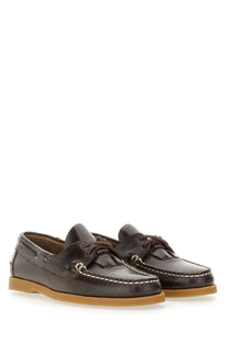Hereu womens boat moccasin brown with dark brown leather upper tan rubber soles and white contrasting stitching