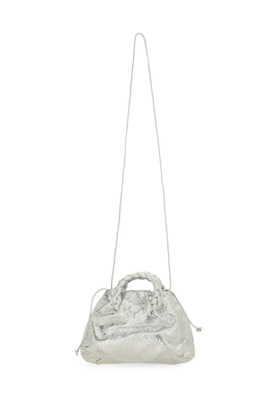 Hereu women’s bombon crinkled metallic bag in silver with braided top handle and chain strap in silver metallic leather