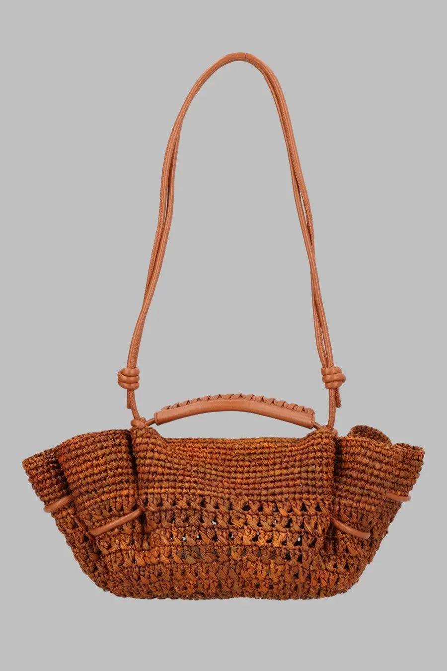 Hereu women’s borsa arta mini in raffia crochet brown woven straw handbag with leather handle and shoulder strap