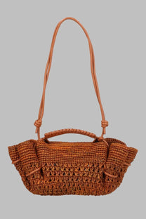 Hereu women’s borsa arta mini raffia crochet brown woven straw handbag with leather handle and shoulder strap