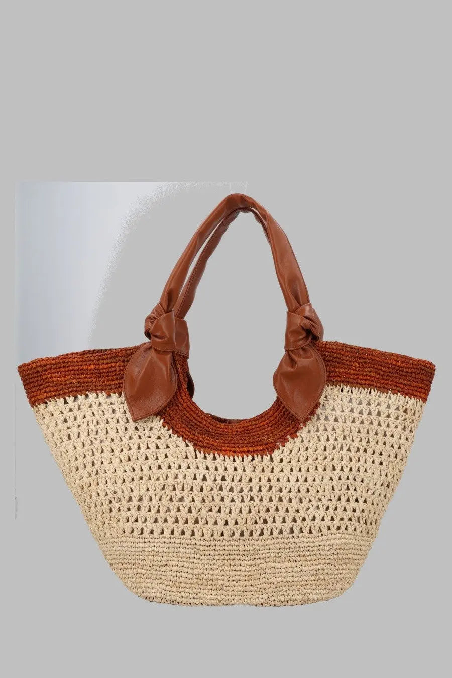 Hereu women’s borsa fonol rafia beige tote bag with rust-colored woven straw and brown leather bow handles