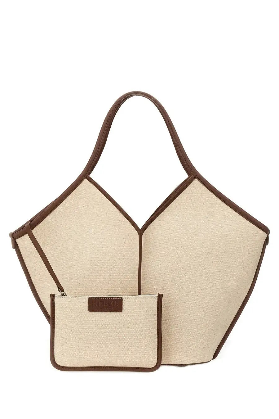 Hereu women’s calella beige canvas tote bag with brown leather trim and handles for everyday use