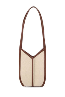 Hereu women’s calella bucket bag in beige woven canvas with brown leather trim and shoulder handles