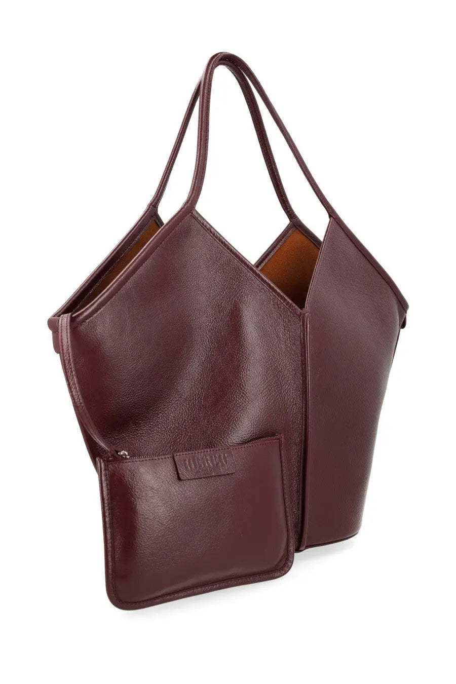 Hereu women’s calella distressed bag red is a rich burgundy leather tote with a structured asymmetrical design and shoulder straps