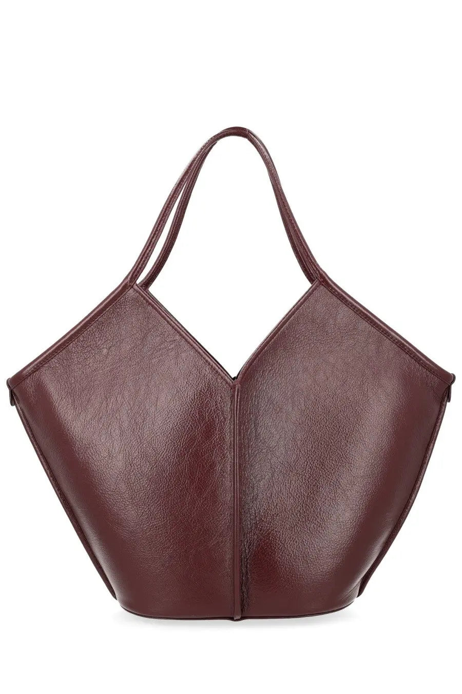 Hereu women’s Calella distressed deep burgundy leather tote bag with v-shaped front and dual top handles