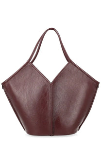 Hereu women’s Calella distressed deep burgundy leather tote bag with v-shaped front and dual top handles