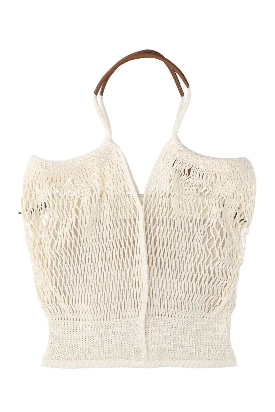 Hereu women’s cream-colored knitted mesh cotton tote bag with brown leather handle and pink accents