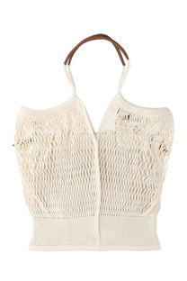 Hereu women’s cream-colored knitted mesh cotton tote bag with brown leather handle and pink accents